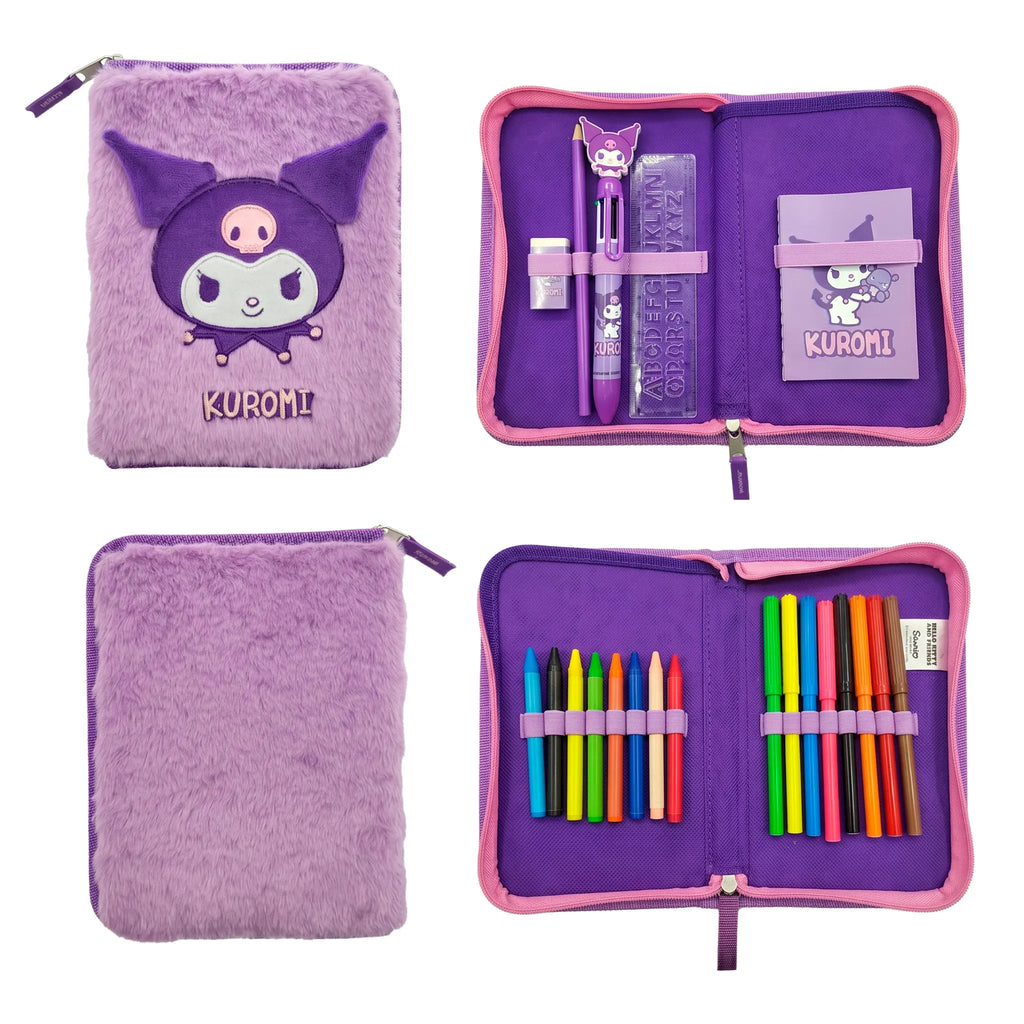 Hello Kitty Kuromi Etui Gevuld – Fluffy Pennenzak – 2 Vaks Etui – Schrijfset met Stiften, Kleurpotloden, Pen, Liniaal en Gum – Officiële Sanrio Merchandise