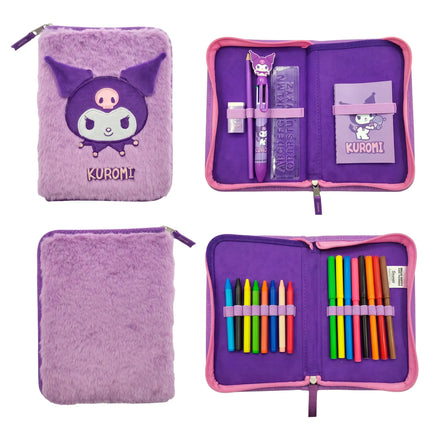 Hello Kitty Kuromi Etui Gevuld – Fluffy Pennenzak – 2 Vaks Etui – Schrijfset met Stiften, Kleurpotloden, Pen, Liniaal en Gum – Officiële Sanrio Merchandise