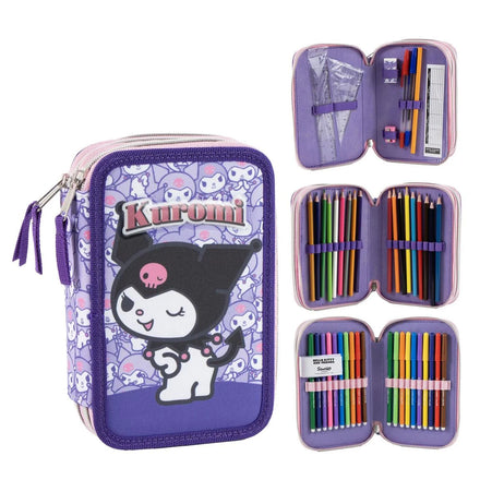 Kuromi Gevuld Etui 3 Vaks – Paars – 44 Delig – Officieel Gelicenseerd – Inclusief Stiften, Kleurpotloden, Liniaal en Schrijfwaren