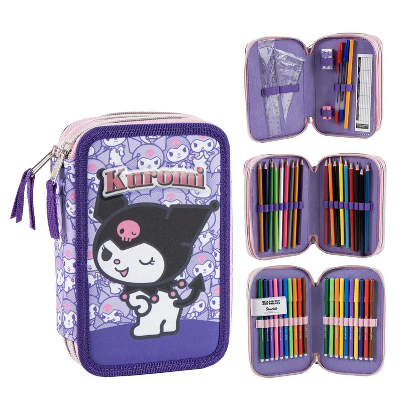 Kuromi Gevuld Etui 3 Vaks – Paars – 44 Delig – Officieel Gelicenseerd – Inclusief Stiften, Kleurpotloden, Liniaal en Schrijfwaren