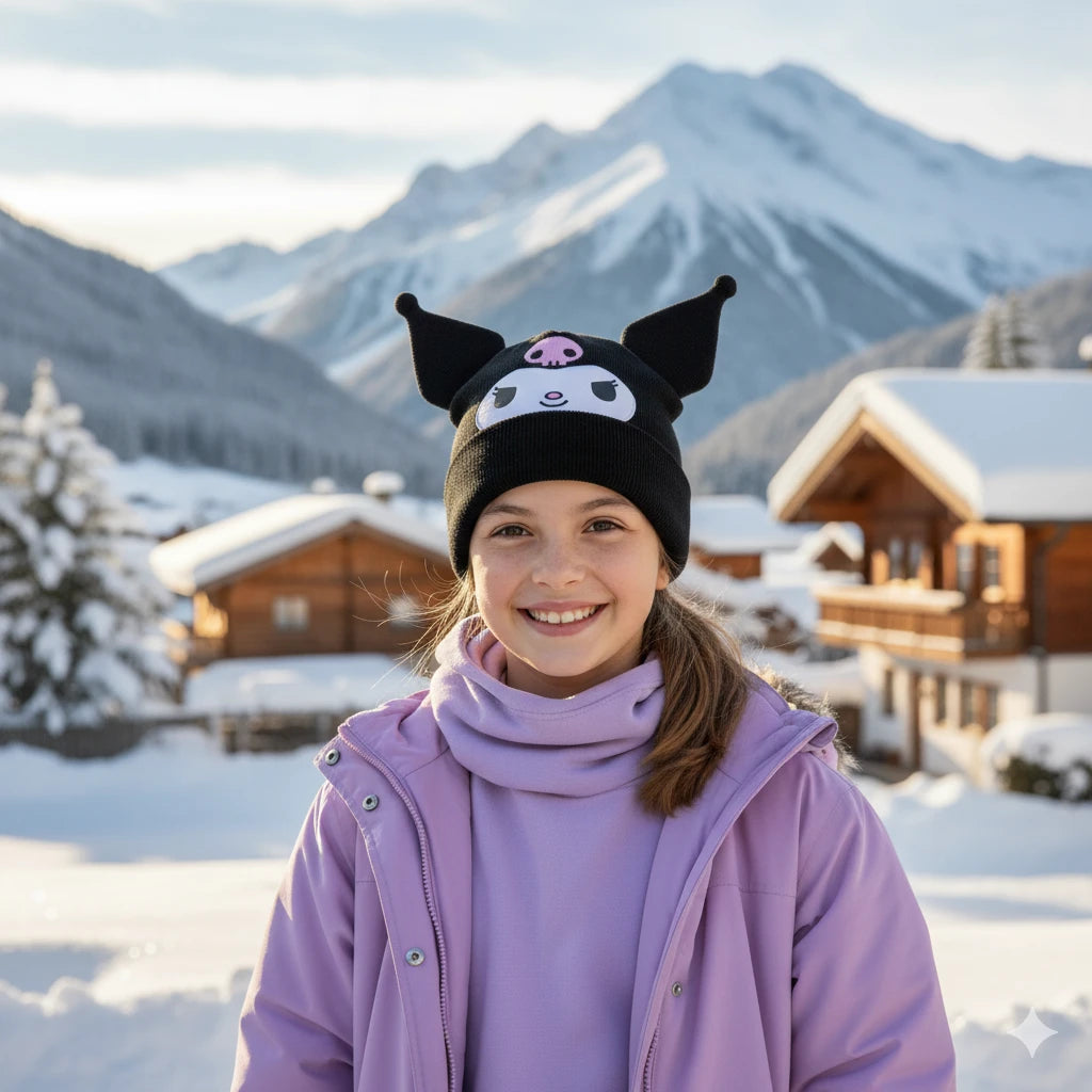 Kuromi Muts – Zwarte Gebreide Beanie met Oren – Officieel Sanrio Accessoire