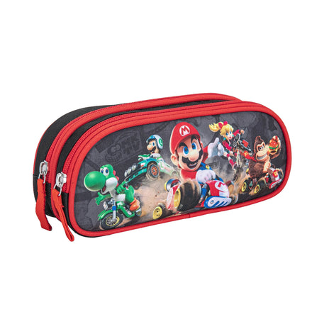 Mario Kart etui jongens zwart rood – dubbele etui met 2 vakken – school etui met rits – ideaal voor pennen en schoolspullen
