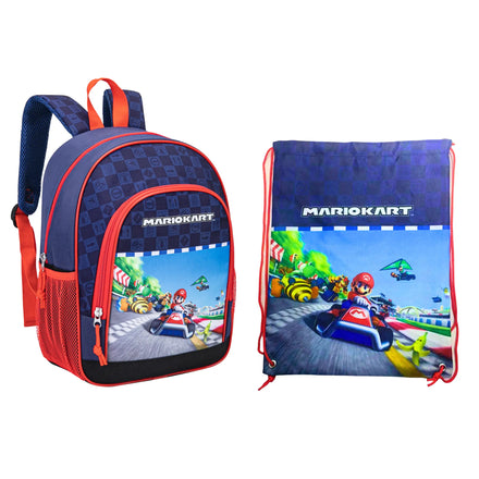 Mario Kart Rugzak en Gymtas Set – Schooltas met Trekkoordtas – Blauw Rood – Officieel Gelicenseerd