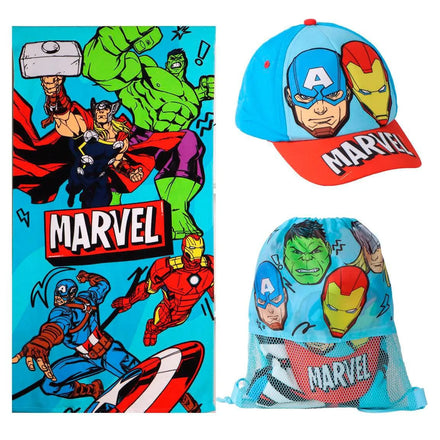Marvel Avengers Strandlaken Zwemtas en Pet – Strandset Kind – Handdoek Tas Cap – Strand Zwembad Vakantie