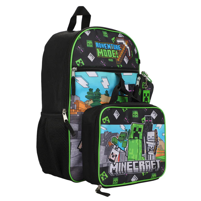 Minecraft Rucksack 5-teiliges Set – Jungen Schulranzen Mädchen – mit Lunchkit & Federmäppchen