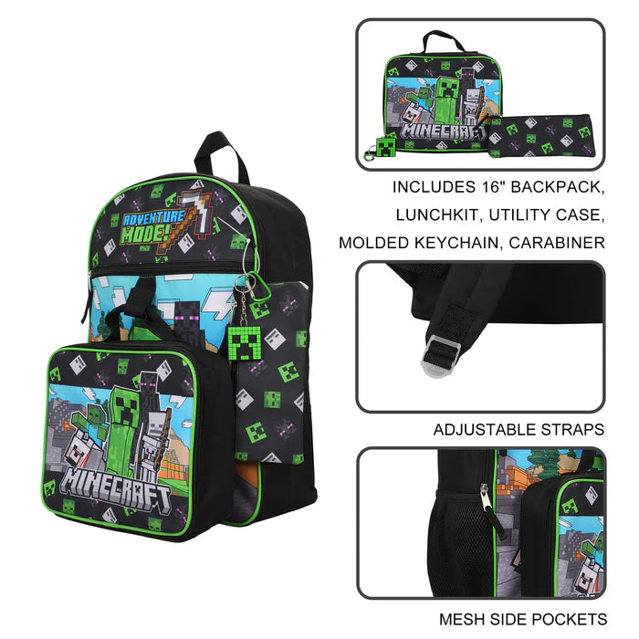 Minecraft Rucksack 5-teiliges Set – Jungen Schulranzen Mädchen – mit Lunchkit & Federmäppchen