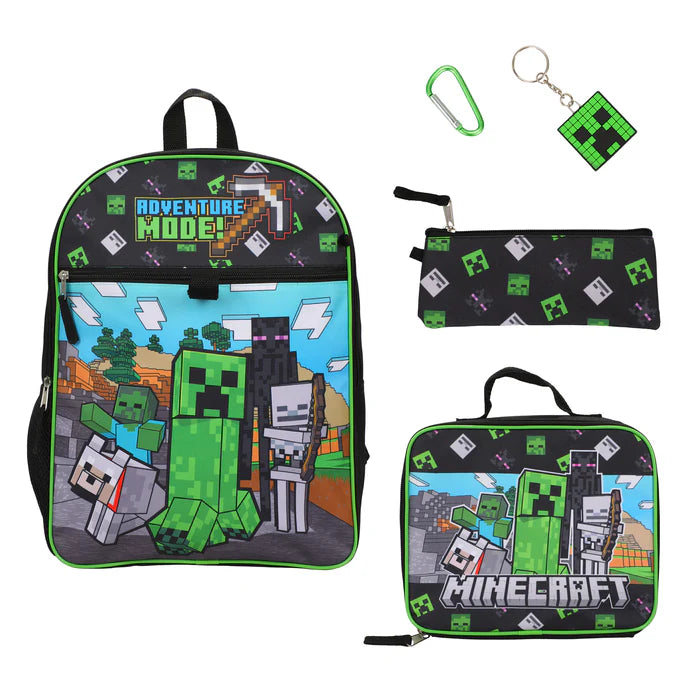 Minecraft Rucksack 5-teiliges Set – Jungen Schulranzen Mädchen – mit Lunchkit & Federmäppchen