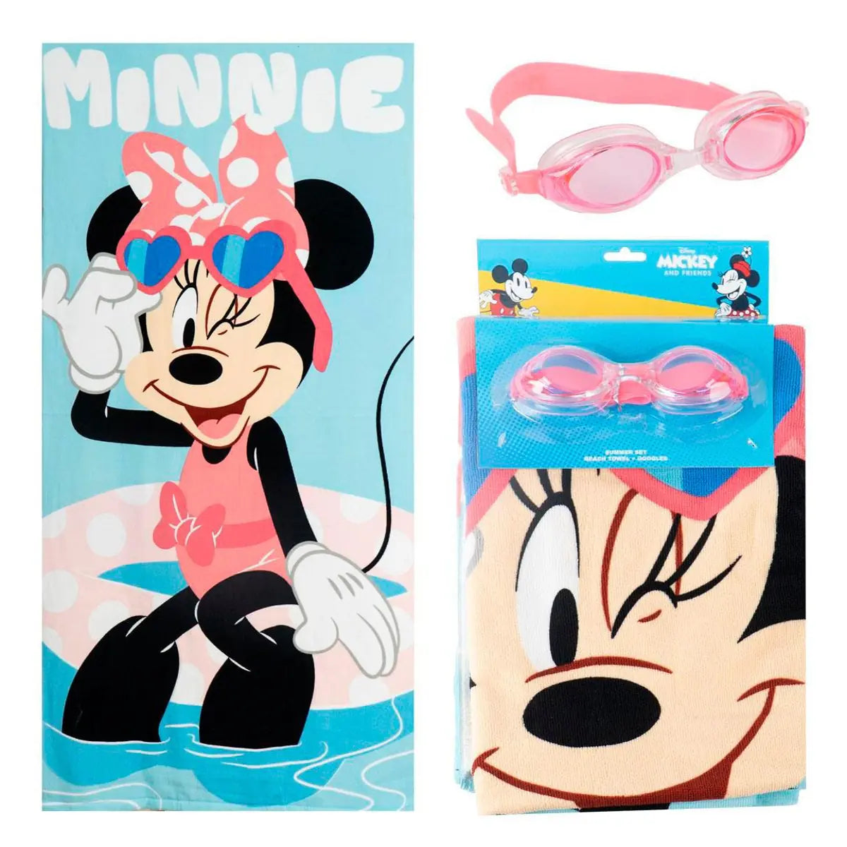 Disney Minnie Mouse Strandlaken met Zwembril – Polyester – 70x140 cm – Sneldrogend – Strand & Zwembad Set