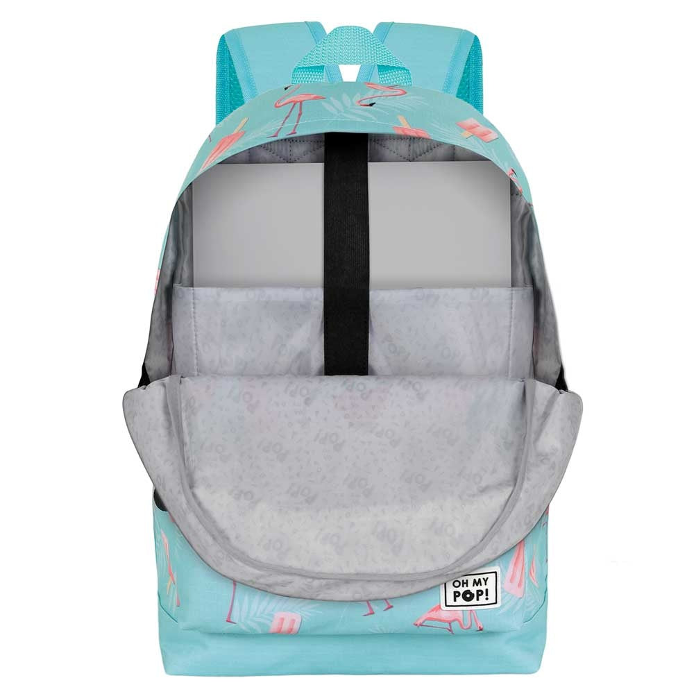 Oh My Pop Backpack Flamingo 2 Pockets - Premium Quality - Plush Flamingo Hanger - Laptop Tablet compartment - Height 44cm