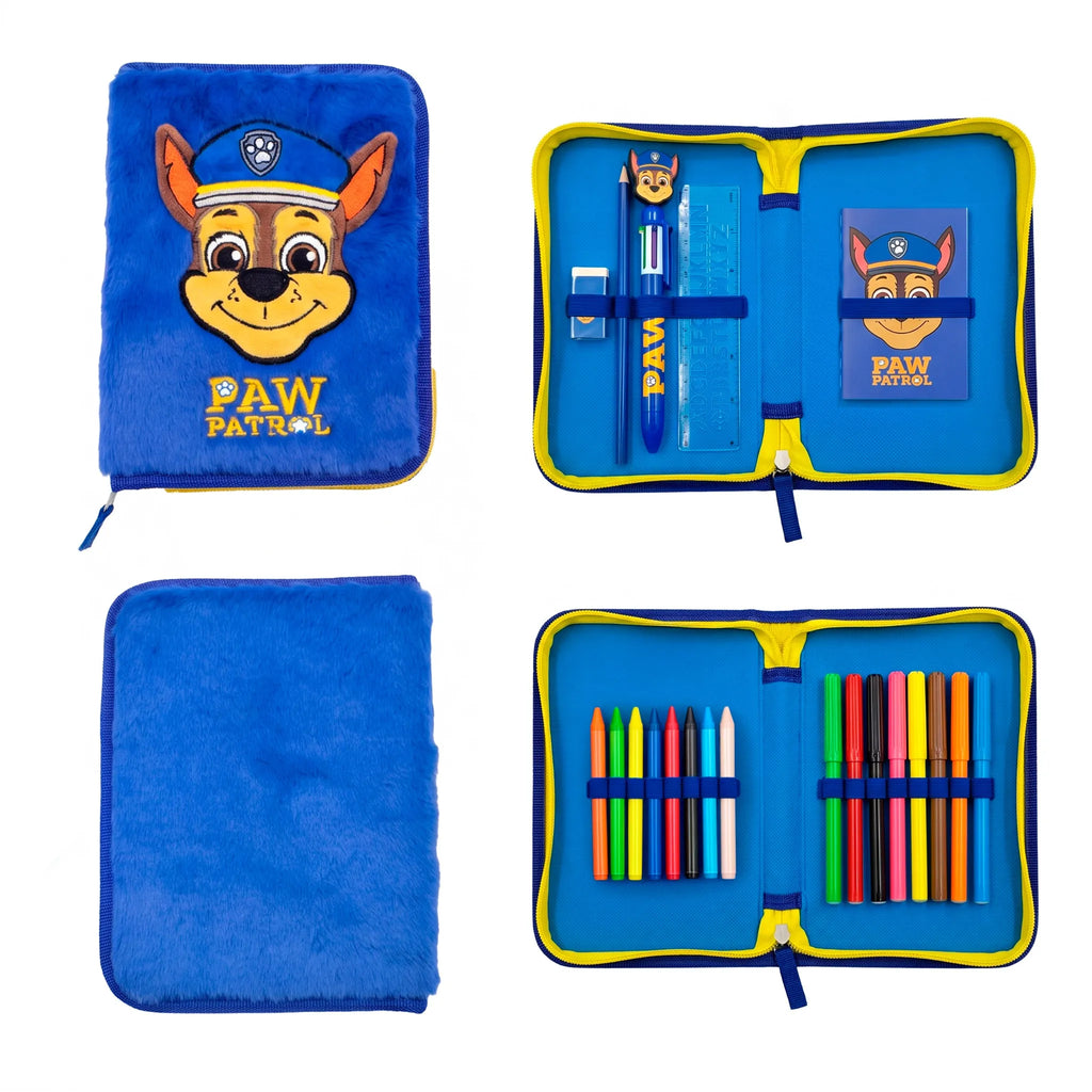 Paw Patrol Chase Gefülltes Fluffy Federmäppchen - 1-Fach Federmäppchen mit Schreibwaren - Plüsch Federmäppchen - Offizielle Paw Patrol Merchandise