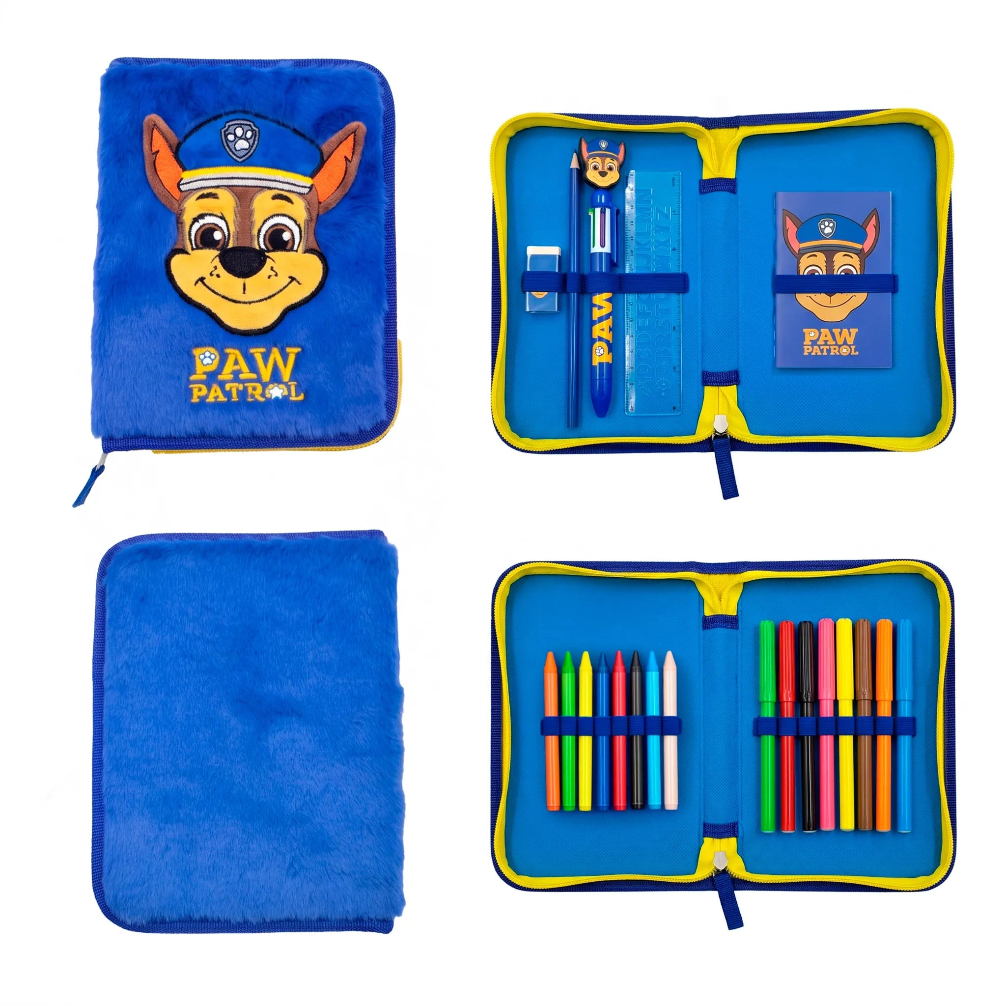 Paw Patrol Chase Gevulde Fluffy Etui - 1 Zipper Etui met Schoolspullen - Pluche Etui - Officiële Paw Patrol Merchandise