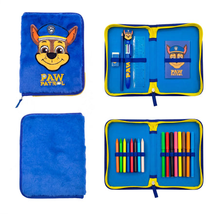 Paw Patrol Chase Gevulde Fluffy Etui - 1 Zipper Etui met Schoolspullen - Pluche Etui - Officiële Paw Patrol Merchandise