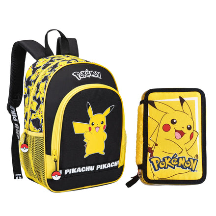 Pokémon Pikachu Rugzak en Etui Set – Schooltas met Dubbel Etui – Zwart Geel – Officieel Gelicenseerd