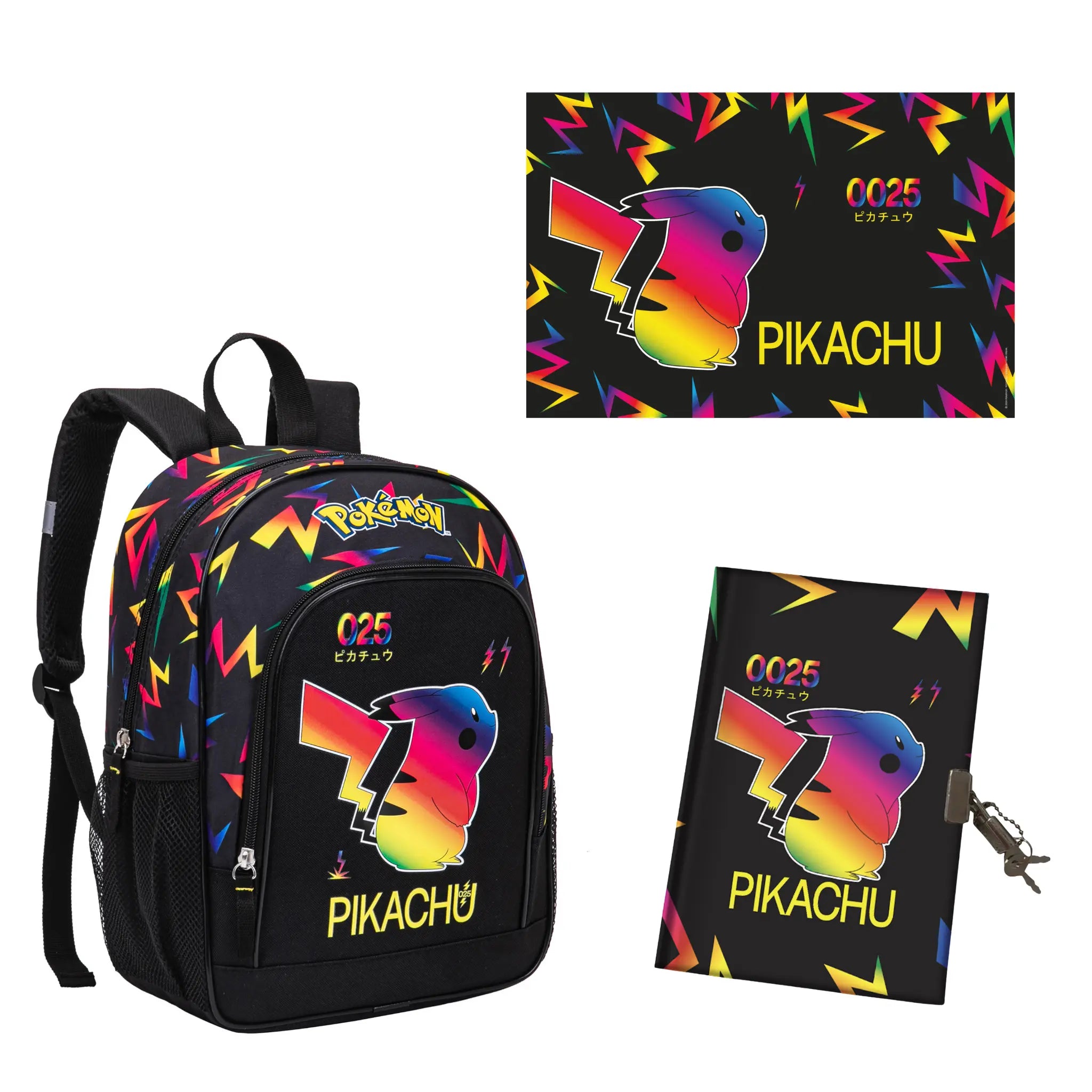 Pokémon Pikachu Rugzak, Deskmat en Notebook Set – Schooltas met Bureauonderlegger en Notitieboek – Zwart – Officieel Gelicenseerd