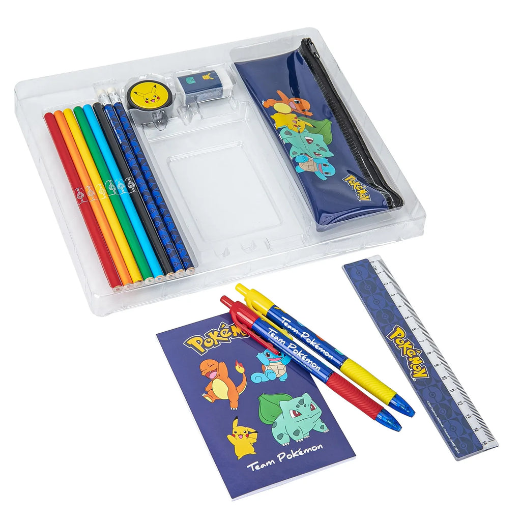 Pokémon Schrijfset met Etui Kleurpotloden Notitieboek Liniaal Pennen Officieel Gelicenseerd
