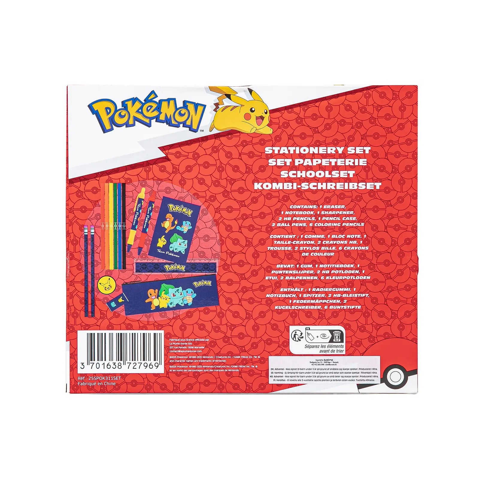 Pokémon Schrijfset met Etui Kleurpotloden Notitieboek Liniaal Pennen Officieel Gelicenseerd