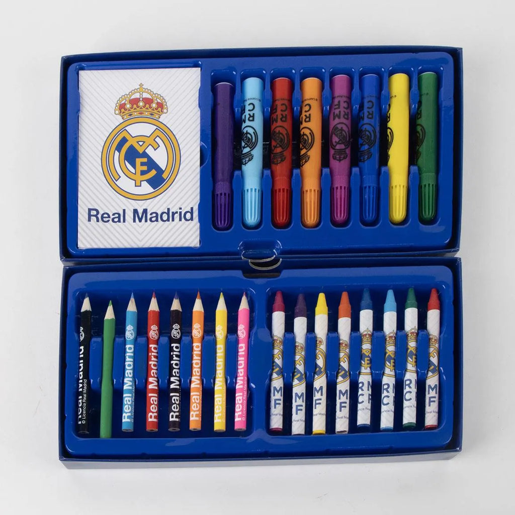 Real Madrid Tekendoos XL - 42 Delige Kleurset met Kleurpotloden, Stiften, Verf en Koffer - Officiële Real Madrid Merchandise