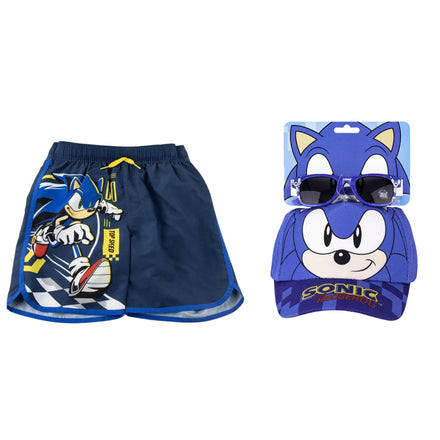 Sonic the Hedgehog Zwembroek, Pet en Zonnebril Set – Jongens Zomer Bundle – Blauw – Officieel Gelicenseerd