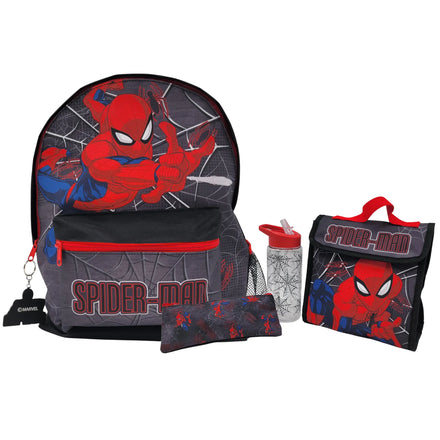 Marvel Spider-Man Schoolset 5-delig - Rugzak, Lunchtas, Drinkfles, Etui & Sleutelhanger - Grijs Rood
