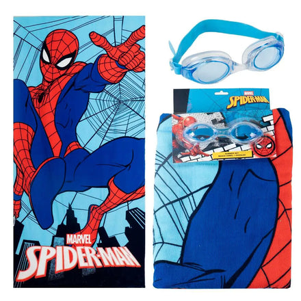 Spiderman Strandlaken en Zwembril Set – Polyester Strandhanddoek – Sneldrogend – Strand en Zwembad