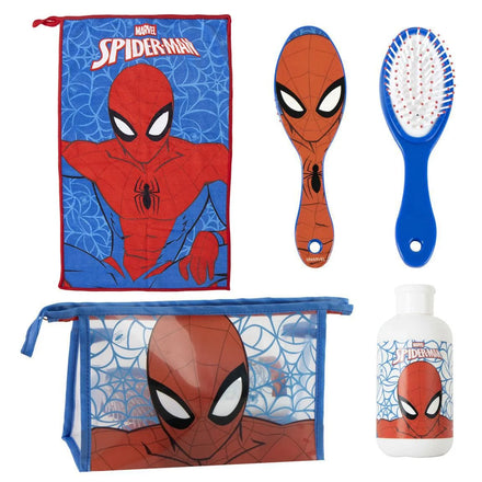 Spiderman Verzorgingsset Jongens met Transparante Toilettas Handdoek Haarborstel en Hervulbaar Flesje Officieel Gelicenseerd