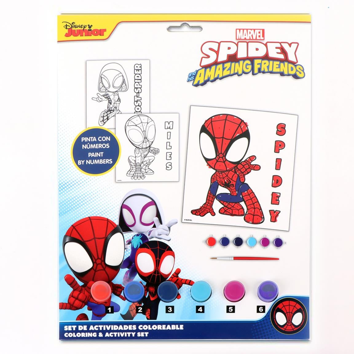 Spidey Paint by Numbers Verfset – Marvel Spidey and His Amazing Friends – 6 Pagina’s + Verf & Kwast