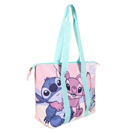 Disney Stitch Strandtas – Grote Schoudertas met Angel – Lichtroze & Blauw – Ritsvak & Binnenvak