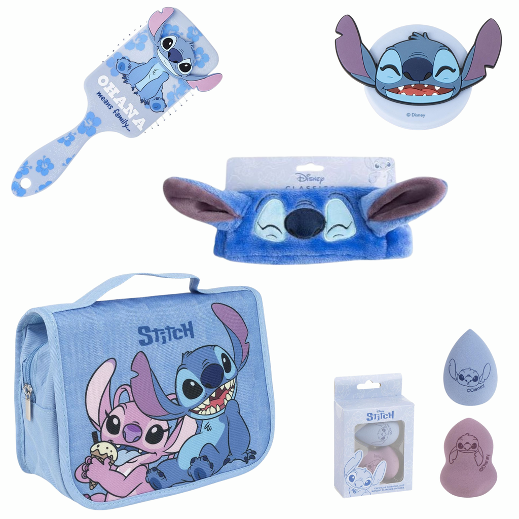 Disney Stitch Cadeauset voor Meisjes – Toilettas, Haarband, Haarborstel, Spiegel en Make-up Sponsjes – 5 Delige Beauty Set