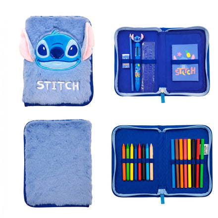 Stitch Gevulde Fluffy Etui - 1 Zipper Etui met Schoolspullen - Pluche Etui - Officiële Disney Stitch Merchandise