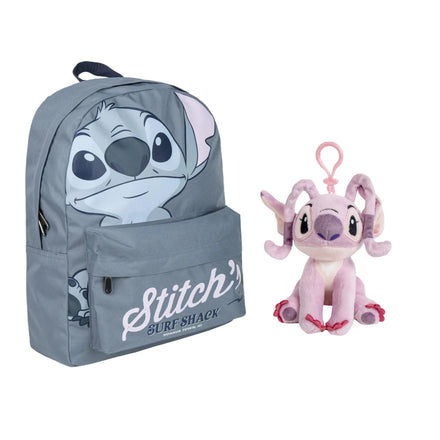 Disney Stitch Rugzak en Angel Tassenhanger Set – Schooltas met Plush Bag Clip – Grijs Roze – Officieel Gelicenseerd