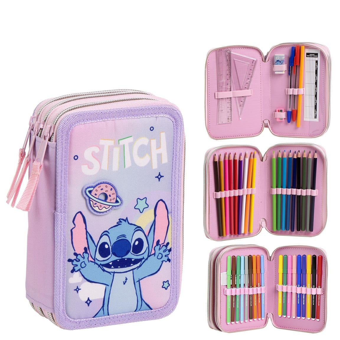 Stitch Tekenetui Kind – 3-vaks Gevuld – 44-delig – Tekenen & Schrijven – Meisjes Schooletui