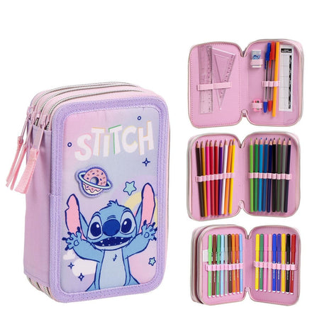 Stitch Tekenetui Kind – 3-vaks Gevuld – 44-delig – Tekenen & Schrijven – Meisjes Schooletui